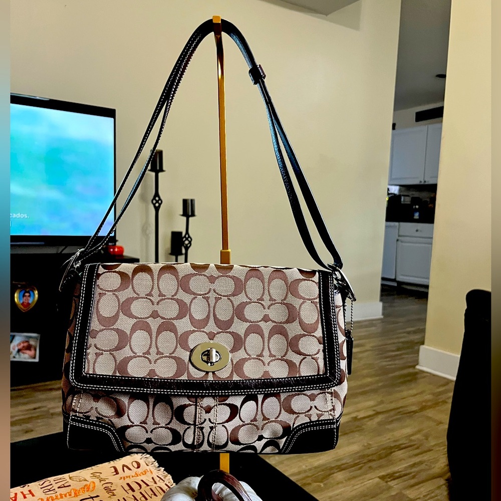 Coach Soho Flap Bag signature print and brown shoulder/crossbody bag #f13972